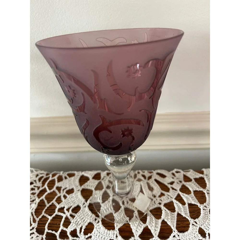 Amethyst Purple Etched Glass Wine Goblets Set of 2 Frosted Scroll Design 7.6